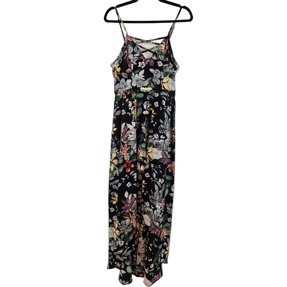 A. Calin Black Floral Stretch Shorts Romper w/ Open Front Maxi Overlay Dress L - Picture 1 of 11